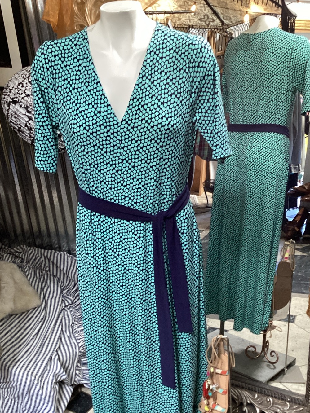 Teal Printed Midi Dress with Navy Sash navy geometrics.  Fab travel 👗